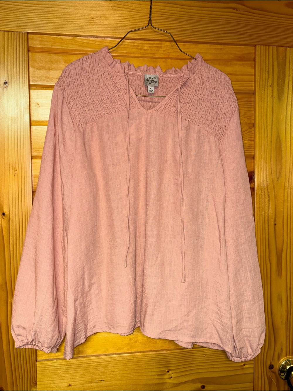 Como Vintage Pink Smocked Yoke Peasant Top